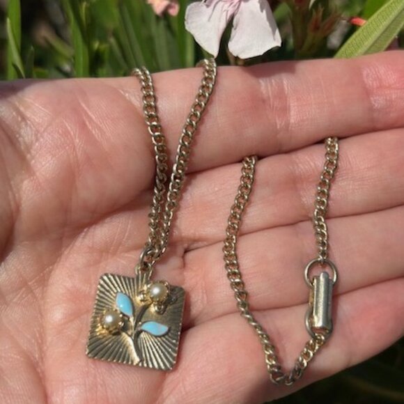 EMMONS Blue Enamel Pearl Flower Gold Choker NECKLACE - Picture 2 of 11